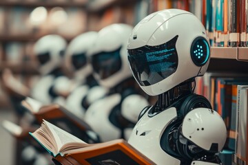 Fototapeta premium Robots engaged in reading books in a library setting. Futuristic design meets education. A glimpse into AI learning and technology collaboration. Generative AI