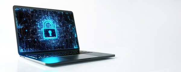Cybersecurity concept: glowing padlock on modern laptop display in digital network environment