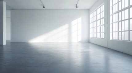 Obraz premium A minimalist apartment with smooth concrete floors, faintly decorated with linear patterns. Space on the left for text or captions.