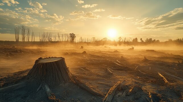 Deforested Landscape Under Smoky Sunrise Sky - Powered by Adobe