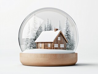 Tiny snow globe with rustic cabin, forest in snow, isolated on white, watercolor style