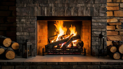 fireplace with burning logs in fireplace,burning wood, relaxing, , ai generated