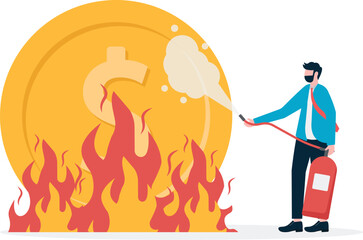 Businessman's dollar is on fire, businessman is holding fire money bag to put out fire,


