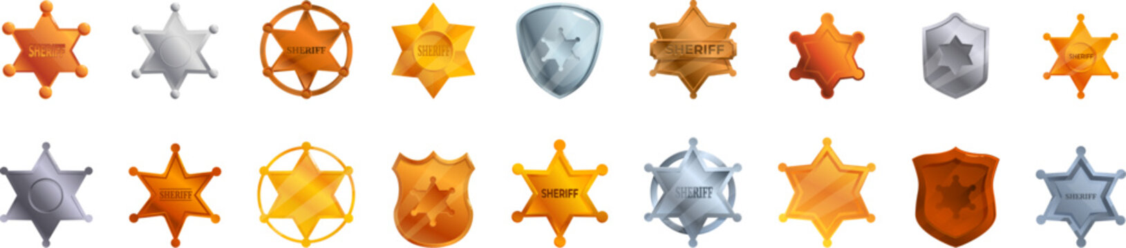 Sheriff badge icons set. Set of sheriff star badges in different shapes and metallic colors, representing law enforcement and authority
