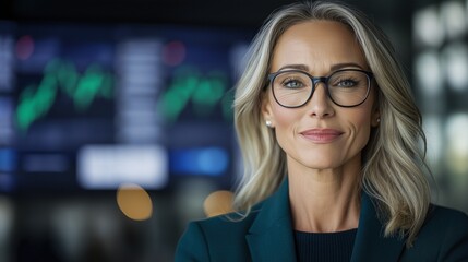 A confident female CEO stands prominently in front of a digital stock market display, embodying success and leadership in her high-powered executive role in modern business