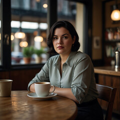 Plus Size Woman Confidently Enjoying Coffee at Cozy Vintage Cafe Joyful Expression mid-forties sipping espresso, chic outfit