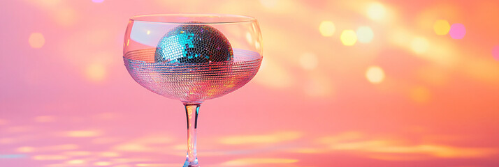 Cocktail party with disco ball on orange and pink bokeh background. Disco party, retro fashion. Modern stylish banner template for holiday card, banner, flyer, menu with space for text