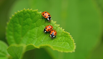 Obraz premium Three ladybugs on a linden leaf, a vibrant nature scene