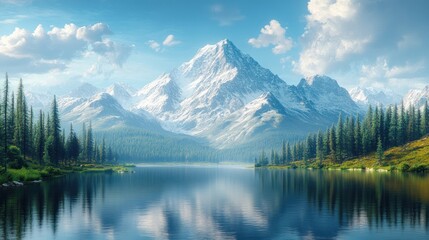 Fototapeta premium Serene mountain landscape with a reflective lake and lush forests.