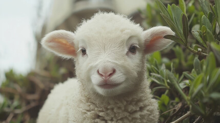 Naklejka premium young lamb gazes curiously at camera, surrounded by lush greenery. Its soft, fluffy wool and innocent expression evoke sense of warmth and tranquility