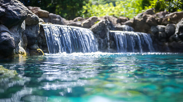A close-up view of crystal-clear water flowing over a rocky ledge, forming a tranquil swimming pool at the base of a waterfall 