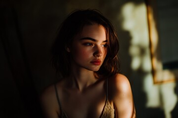 Fototapeta premium A soft portrait of a young woman bathed in warm light. The shadows create a tranquil atmosphere. This image captures beauty in simplicity. Generative AI