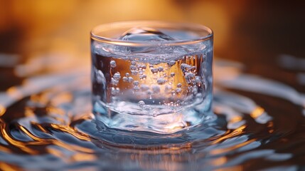 A glass of water with bubbles, creating ripples in a reflective surface.
