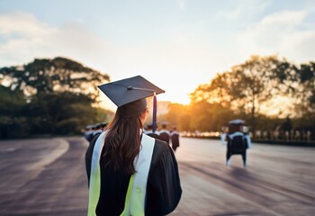 A graduate in a cap and gown walks away from the camera, looking toward a bright sunset and other graduates in the distance.