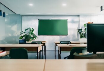 Empty classroom with a green chalkboard, wooden desks, and a computer monitor.