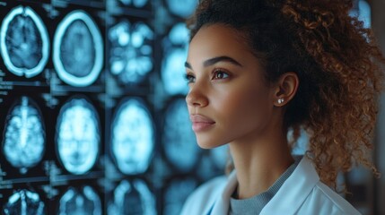 A focused professional examining brain scans in a lab.