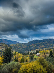 The landscape of Carpathian Mountains in the cloudy weather. Perfect weather condition in the autumn season