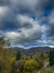 The landscape of Carpathian Mountains in the cloudy weather. Perfect weather condition in the autumn season
