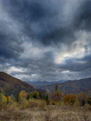 The landscape of Carpathian Mountains in the cloudy weather. Perfect weather condition in the autumn season