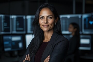 Fototapeta premium A confident woman executive leading her team in a modern office, with multiple computer screens displaying data and analytics
