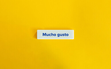 Nice to Meet You Phrase and Banner Image. Spanish Text on Block Letter Tile on Yellow Background. 