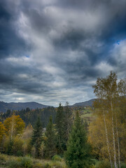 The landscape of Carpathian Mountains in the cloudy weather. Perfect weather condition in the autumn season