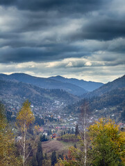 The landscape of Carpathian Mountains in the cloudy weather. Perfect weather condition in the autumn season