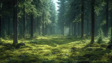 Obraz premium Serene forest landscape with sunlight filtering through trees.