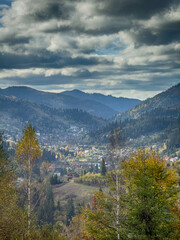The landscape of Carpathian Mountains in the cloudy weather. Perfect weather condition in the autumn season