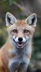Fototapeta premium Smiling fox with visible teeth and open eyes in green background