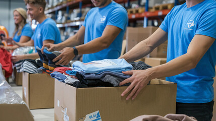 Volunteers Pack Clothing Donations In Boxes