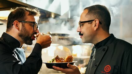 Two chefs taste-testing food in a kitchen