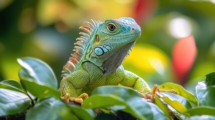 Obraz premium A vibrant iguana perched on lush green leaves in a tropical setting.