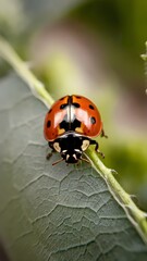 Fototapeta premium Macro shot of red ladybug on green leaf with veins