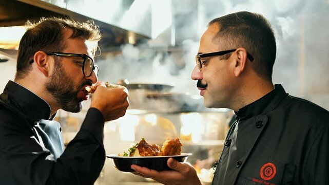 Two chefs taste-testing food in a kitchen