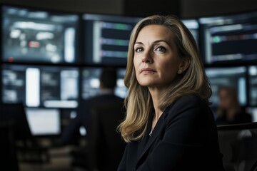 Naklejka premium Confident woman CEO leads her team in a high-tech office, overseeing critical operations and making strategic decisions in the heart of the financial district at dusk