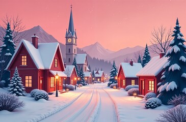 Fototapeta premium The city is in winter, it is snowing, people are standing on the street, Christmas trees in the snow, New Year snowfall