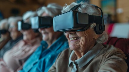 Old ladies in virtual reality glasses, new technologies in a nursing home.