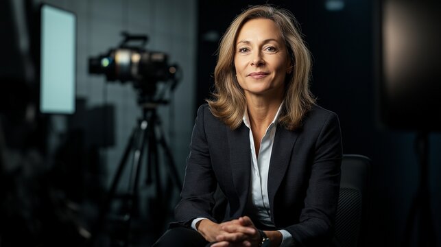 Successful female CEO engages with media in a professional studio setting, showcasing leadership and determination during an executive interview in the corporate sector