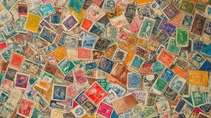 Fototapeta premium A surface densely covered with international postage stamps, filling every inch of the frame with their vibrant colors, unique designs, and cultural diversity.