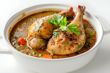 Fototapeta premium Guinea fowl mulligatawny soup in a white ceramic bowl-2 (1)