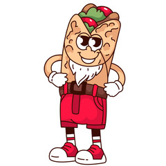 Groovy shawarma cartoon character with Santa beard and red pants. Funny retro happy burrito, doner kebab. Christmas fast food mascot, cartoon shawarma sticker of 70s 80s style vector illustration