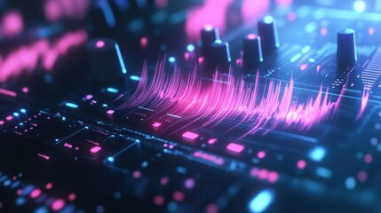 Obraz premium Abstract digital wave pattern on a circuit board with pink and blue lights.