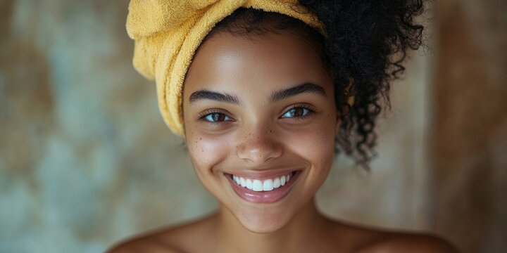 Woman smiling after skin care at home, Generative AI - Powered by Adobe