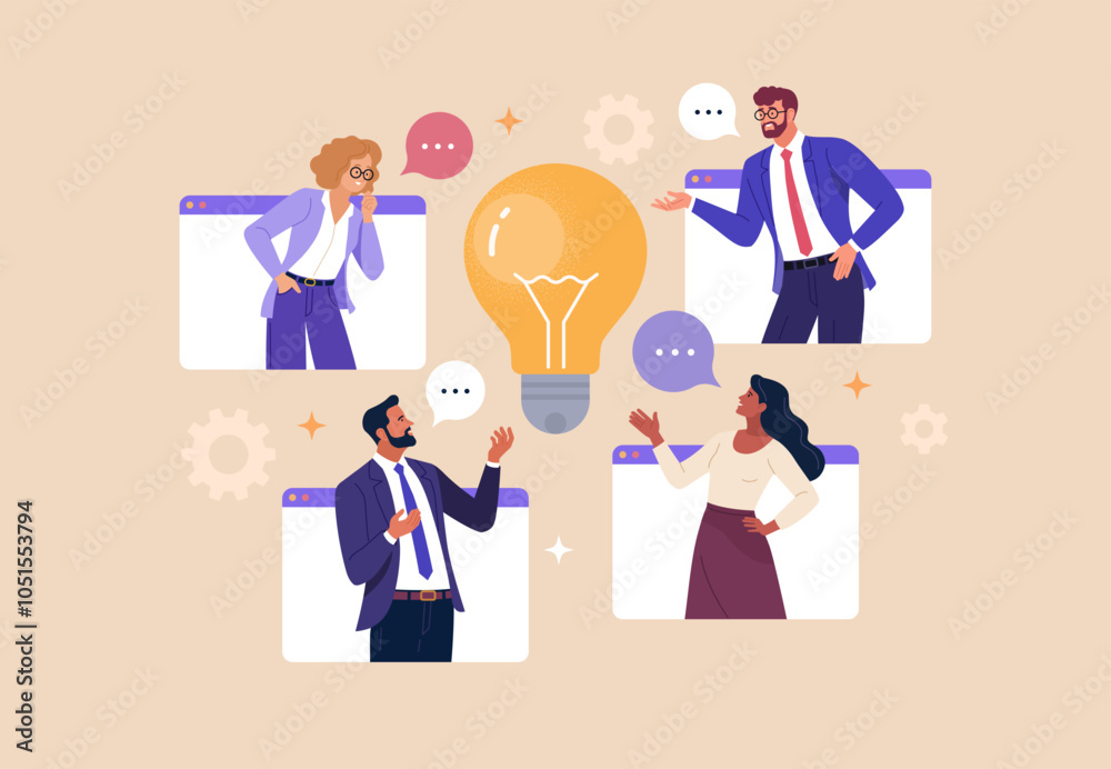 Fototapete Online Business Discussion Concept. Vector illustration of diverse people in web windows discussing an idea. Isolated on background