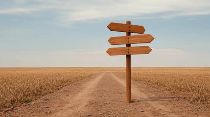 A rustic wooden signpost stands at a crossroads in an expansive golden field under a clear blue sky, symbolizing choices and directions in travel.