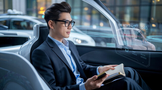 Businessman Reading in SelfDriving Car with HUD