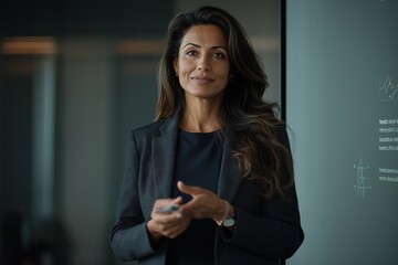 Obraz premium Successful female CEO engages with executives in a modern office setting while delivering a key presentation on company strategy during a corporate meeting
