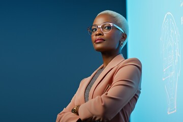 Naklejka premium A confident female CEO stands in front of a presentation screen, highlighting her role in corporate leadership during a business strategy meeting in a modern office setting