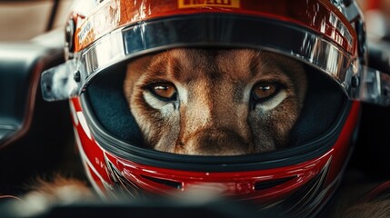 Fototapeta premium Lion Driver in Cockpit Wearing Helmet during Race Preparation